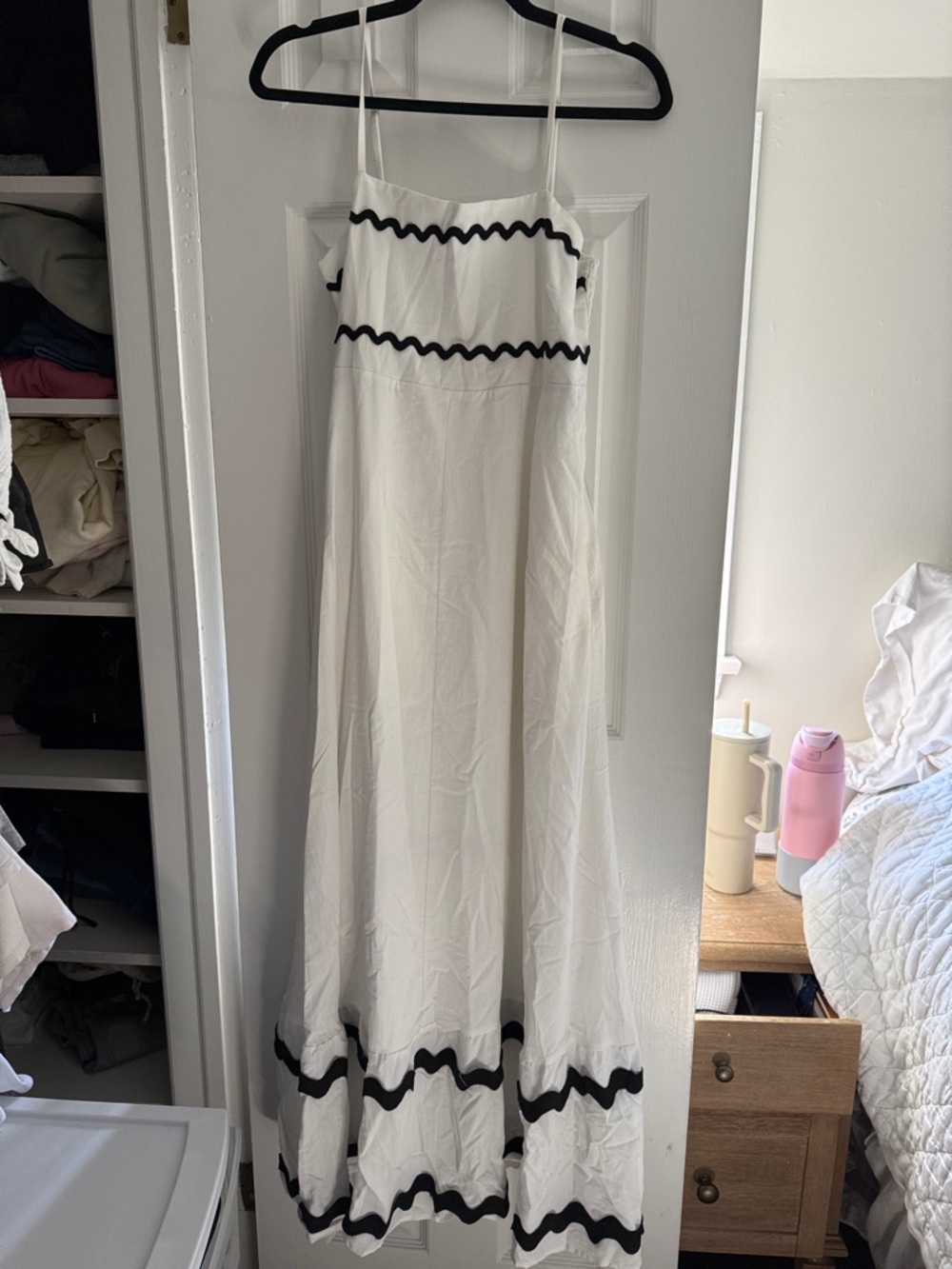 White Maxi Dress with Black Wave Trim